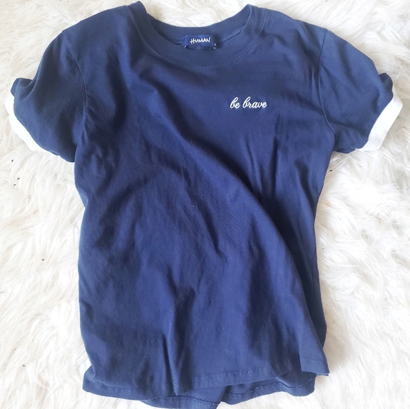 Tops - Human Be Brave Patch Navy Blue Short Sleeve Shirt